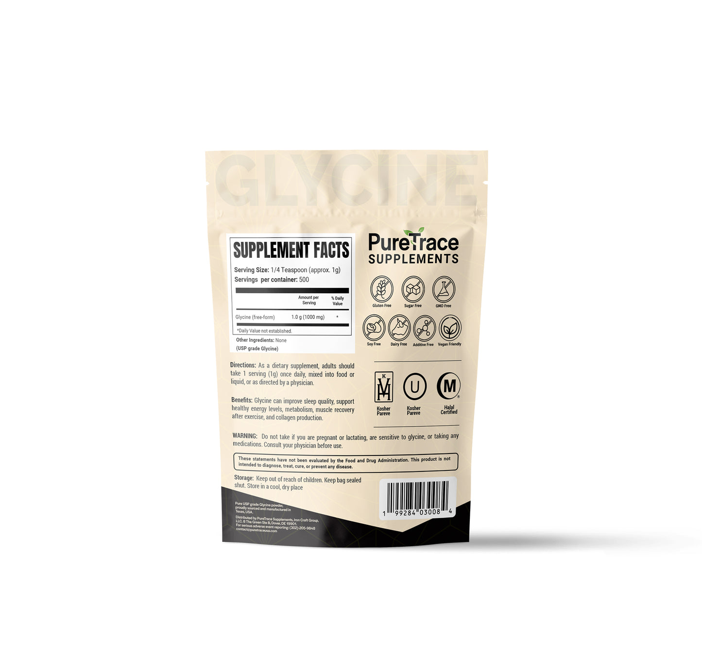 PureTrace glycine powder — USA-made supplement for anxiety relief and sleep.