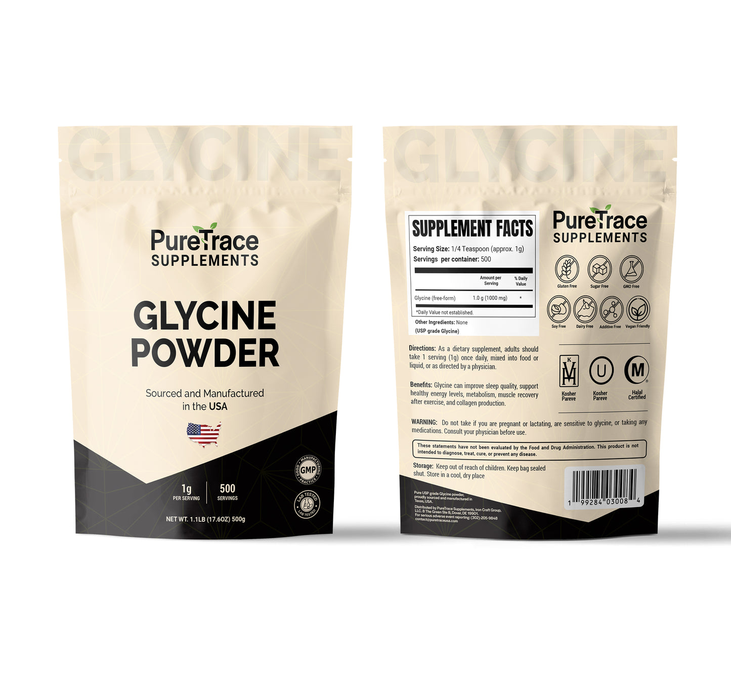 PureTrace glycine powder — USA-made supplement for anxiety relief and sleep.