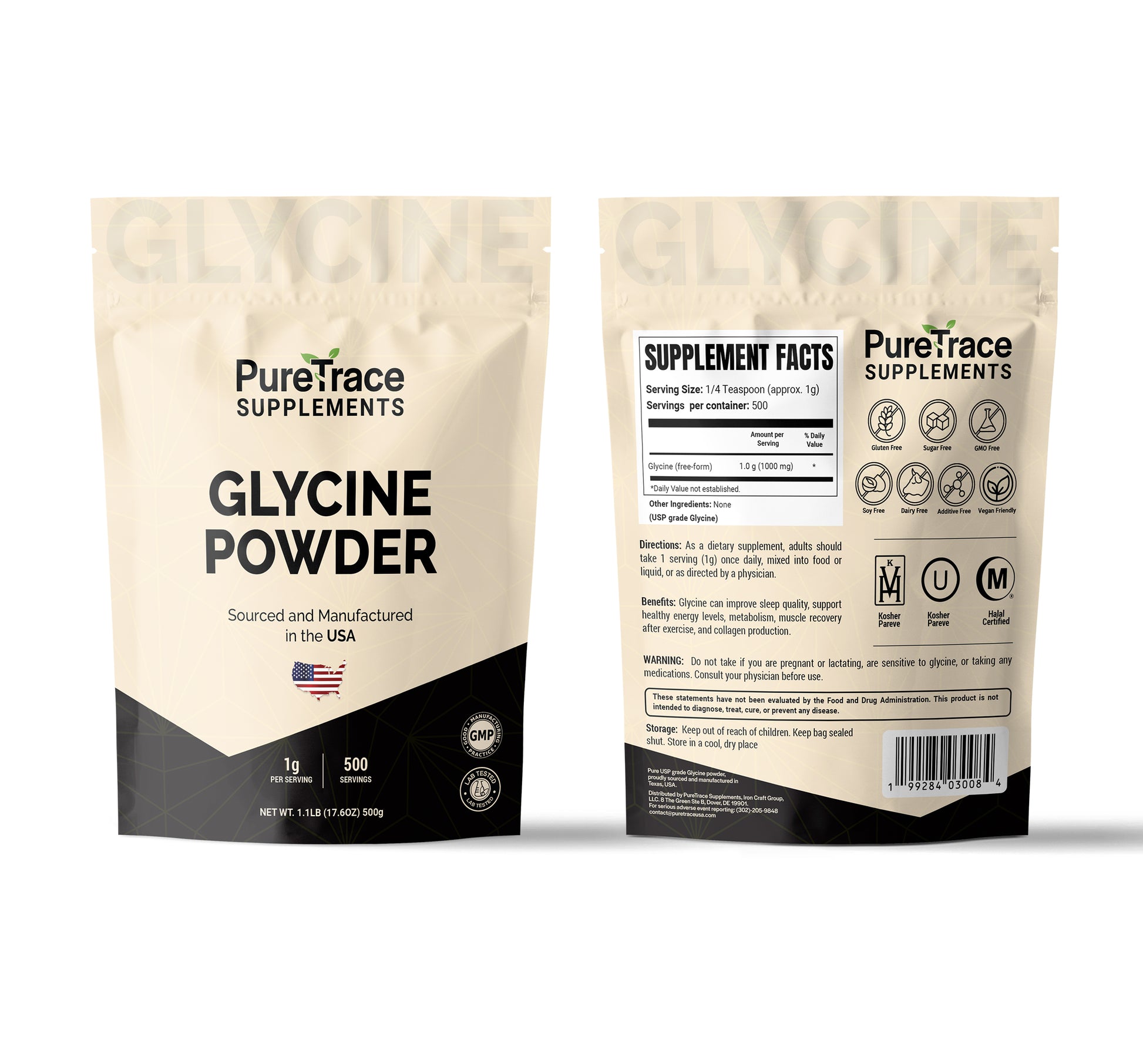 PureTrace glycine powder — USA-made supplement for anxiety relief and sleep.